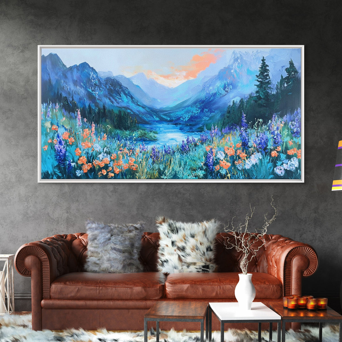 Wildflower Meadow, Mountain Painting, Landscape Painting, Rustic Decor, Cottagecore Wall Art, Framed Canvas Print, Above Sofa Art