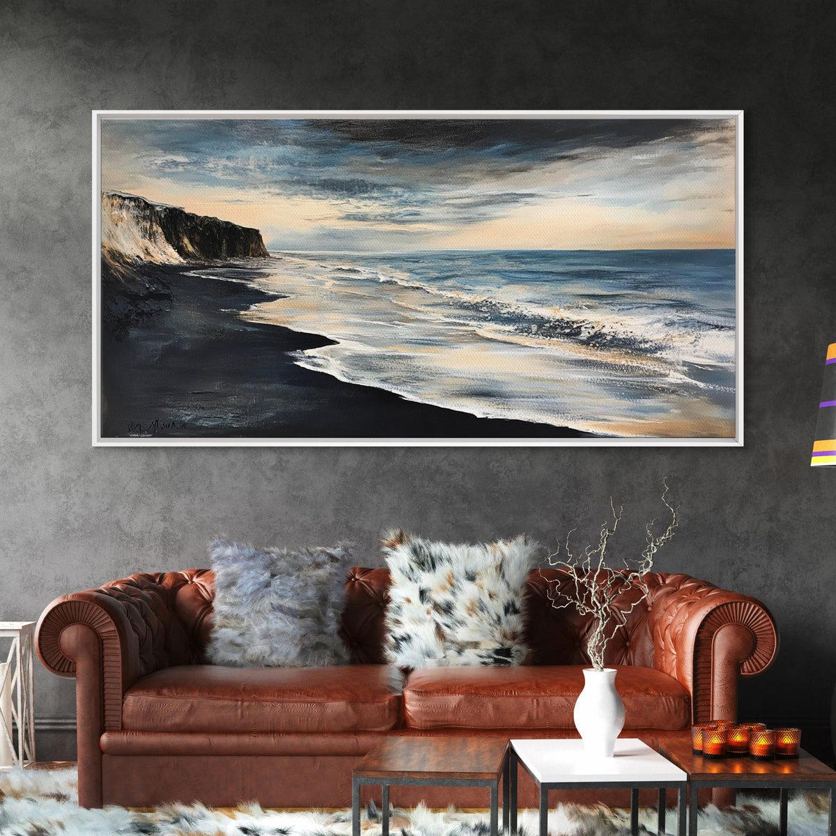 Moody beach, dark ocean, seascape painting, panoramic art, extra wide art, nautical painting, framed canvas print, above sofa art