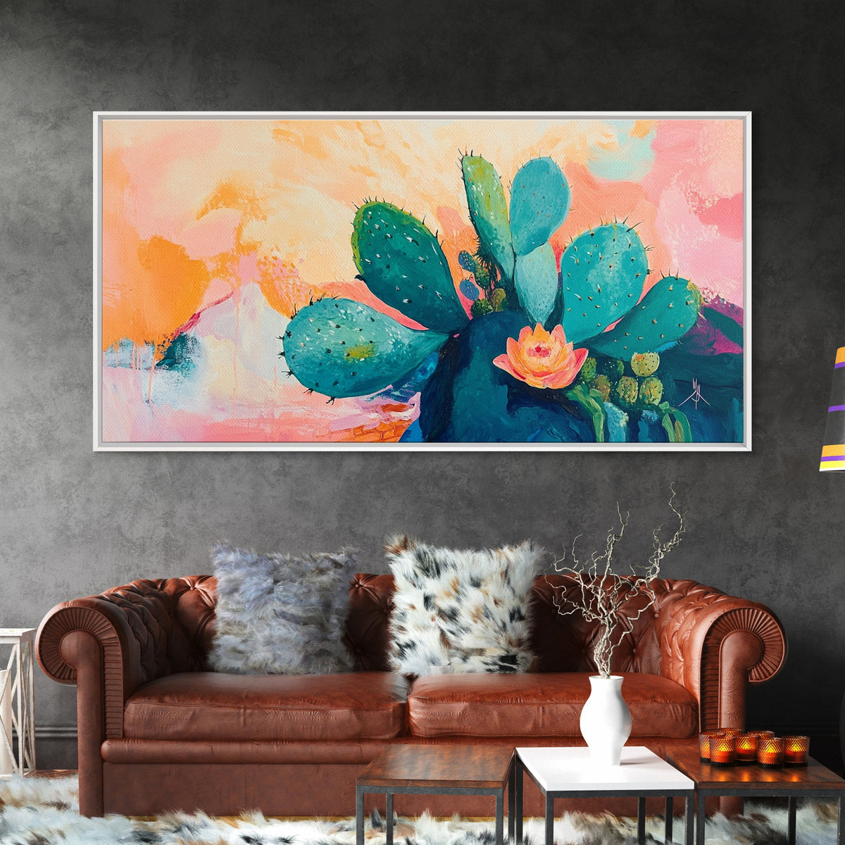 Prickly Pear Cactus, agave painting, southwest wall art, boho art, pink orange wall art, extra wide art, Framed Canvas Print