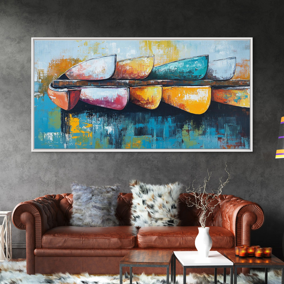 Colorful canoe, coastal decor, nautical painting, vibrant abstract, lake tahoe art, modern art, horizontal wall art, canvas print, beach vibes