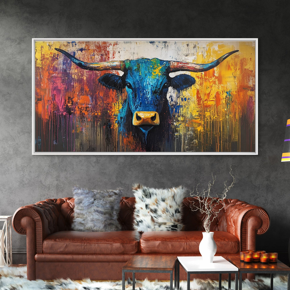 Abstract Bull, bold color wall art, rustic decor, farmhouse art, moody art, contemporary art, Framed Canvas Print, modern bull painting