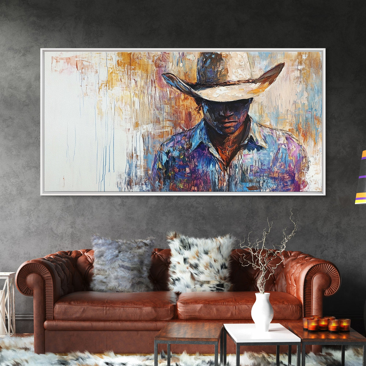 Western Cowboy, black cowgirl painting, rustic wall art, moody art, textured painting, cowboy hat art, farmhouse decor, Canvas Print