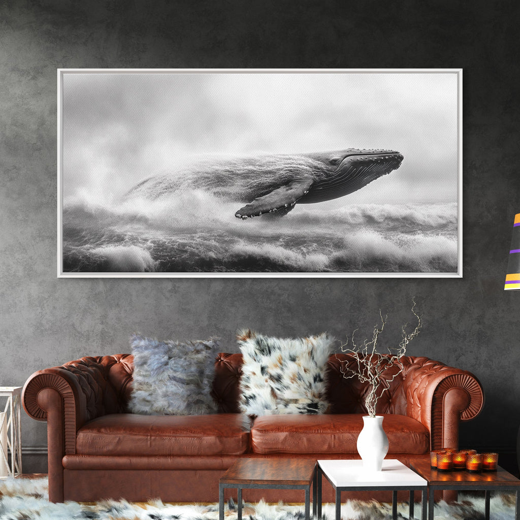 Breaching Whale, Ocean Waves, Marine Power, Framed Canvas Print, Nautical Bathroom Wall Art, Whale Watching Theme, Coastal Photography Art
