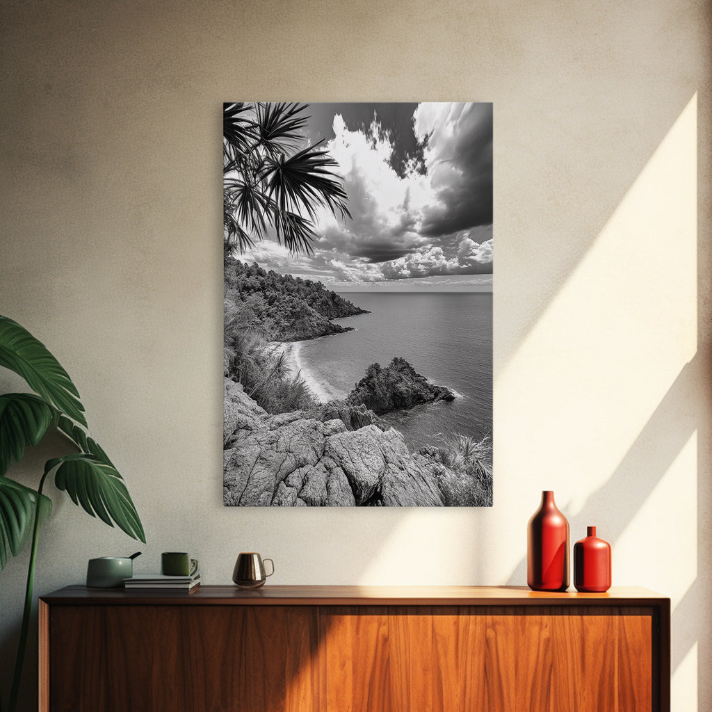 Island View Cliffs, Tropical Shoreline, Black and White Seascape, Framed Canvas Print, Bathroom Art, Travel Decor, Coastal Vibe