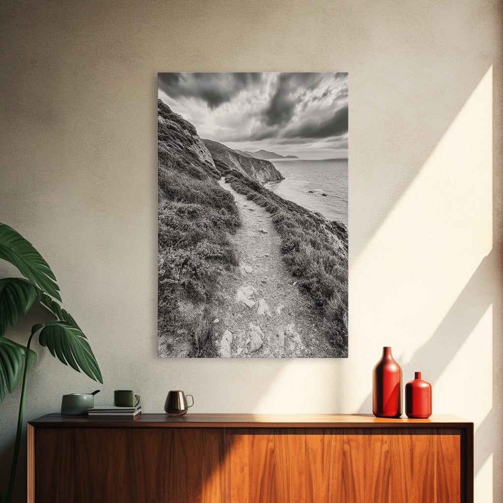 Cliffside Path, Coastal Trail, Ocean Escape, Canvas Print, Moody Landscape Wall Art, Living Room Decor, Adventure Travel Aesthetic