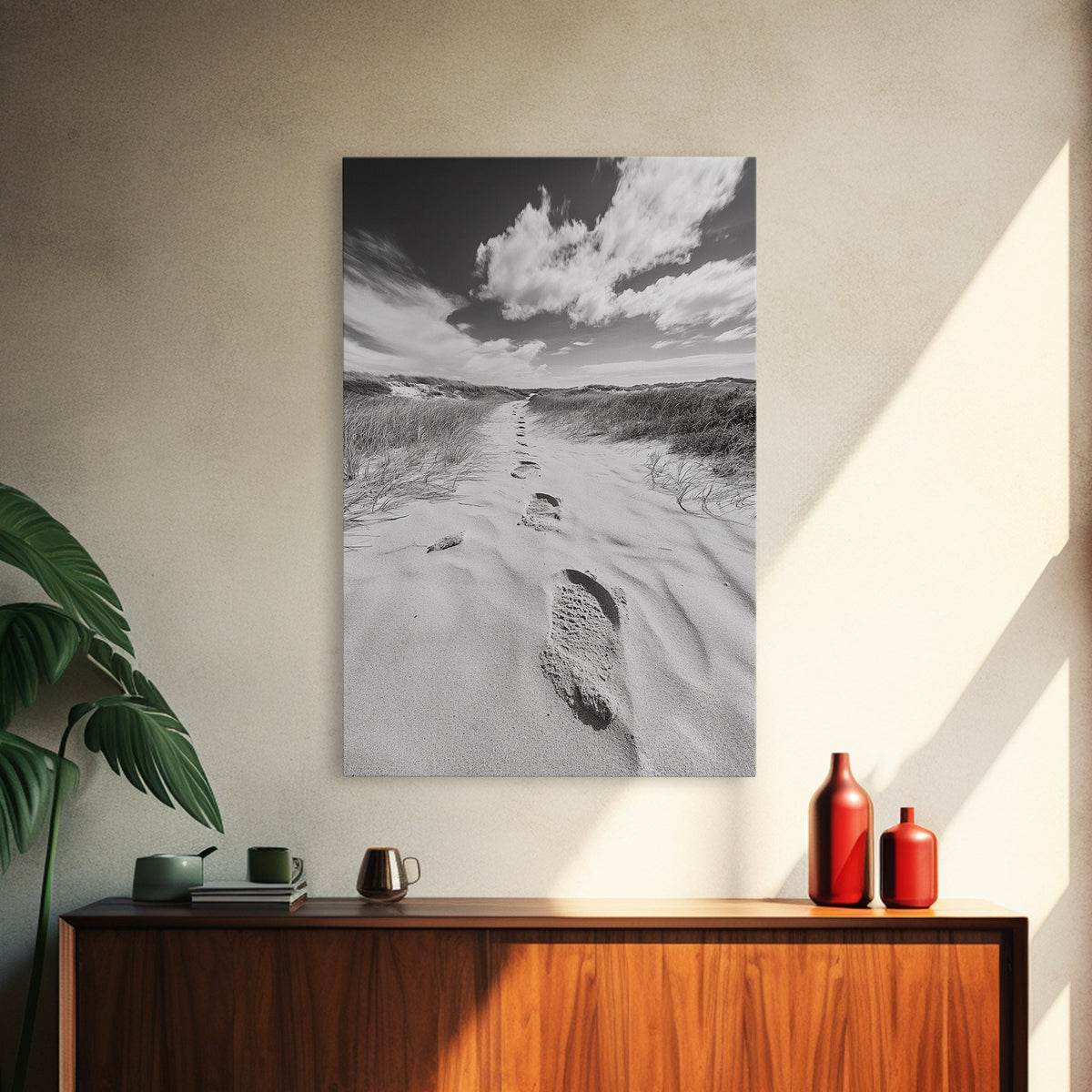 Desert Footprints Path, Dune Art, Wanderlust Vibes, Monochrome Landscape, Framed Canvas Print, Bedroom Wall Decor, Minimalist Travel