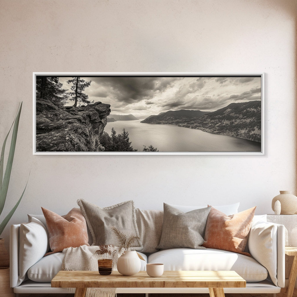 River Cliff View, Forested Mountains, Timeless Horizon, Framed Canvas Print, Living Room Wall Art, Cabin Rustic Decor, Moody Nature Art