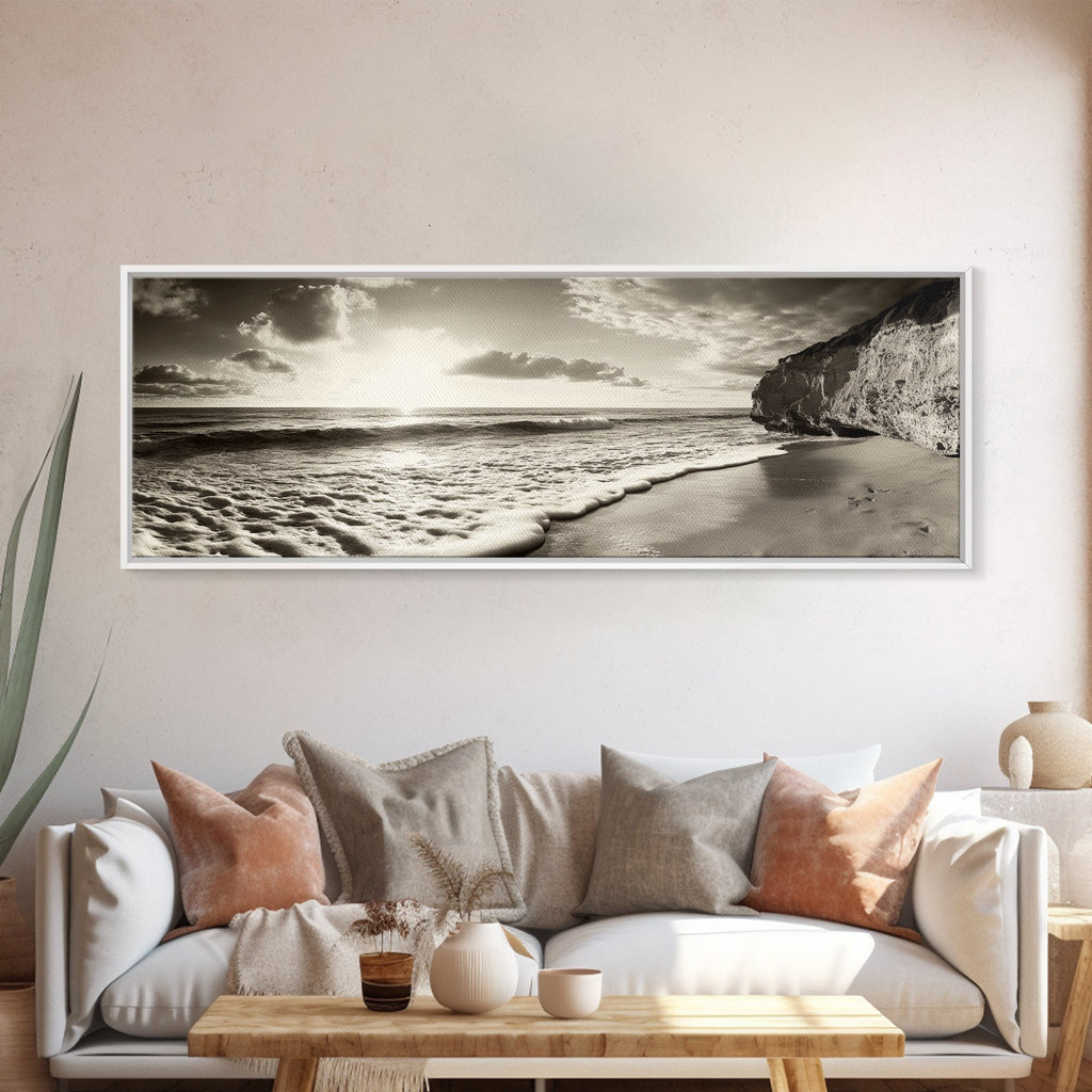 Cliff Coastline, Ocean Sunset, Beach Waves, Framed Canvas Print, seascape wall art, coastal bedroom decor, relaxing nature vibe, neutral art