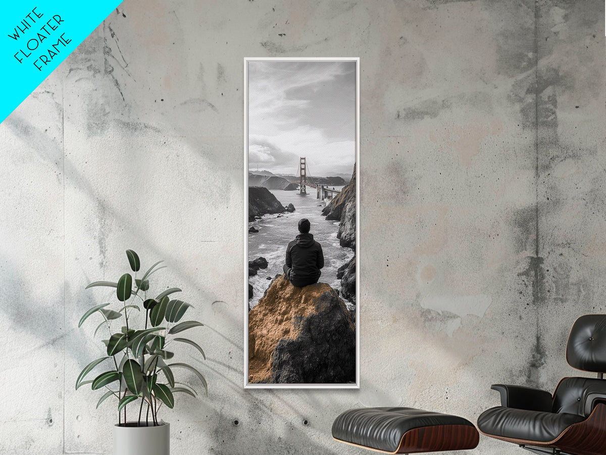Golden Gate, Solitude View, Man on Cliff, Iconic Bridge, Framed Canvas Print, Travel Wall Art, Office Inspiration, Moody Coastal Decor