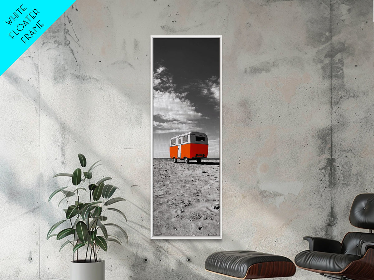 Coastal Camper Van, Beach Road Trip Art, Travel Lover Gift, Framed Canvas Print, Minimalist Seaside Decor, Van Life Wall Art, Entryway Art