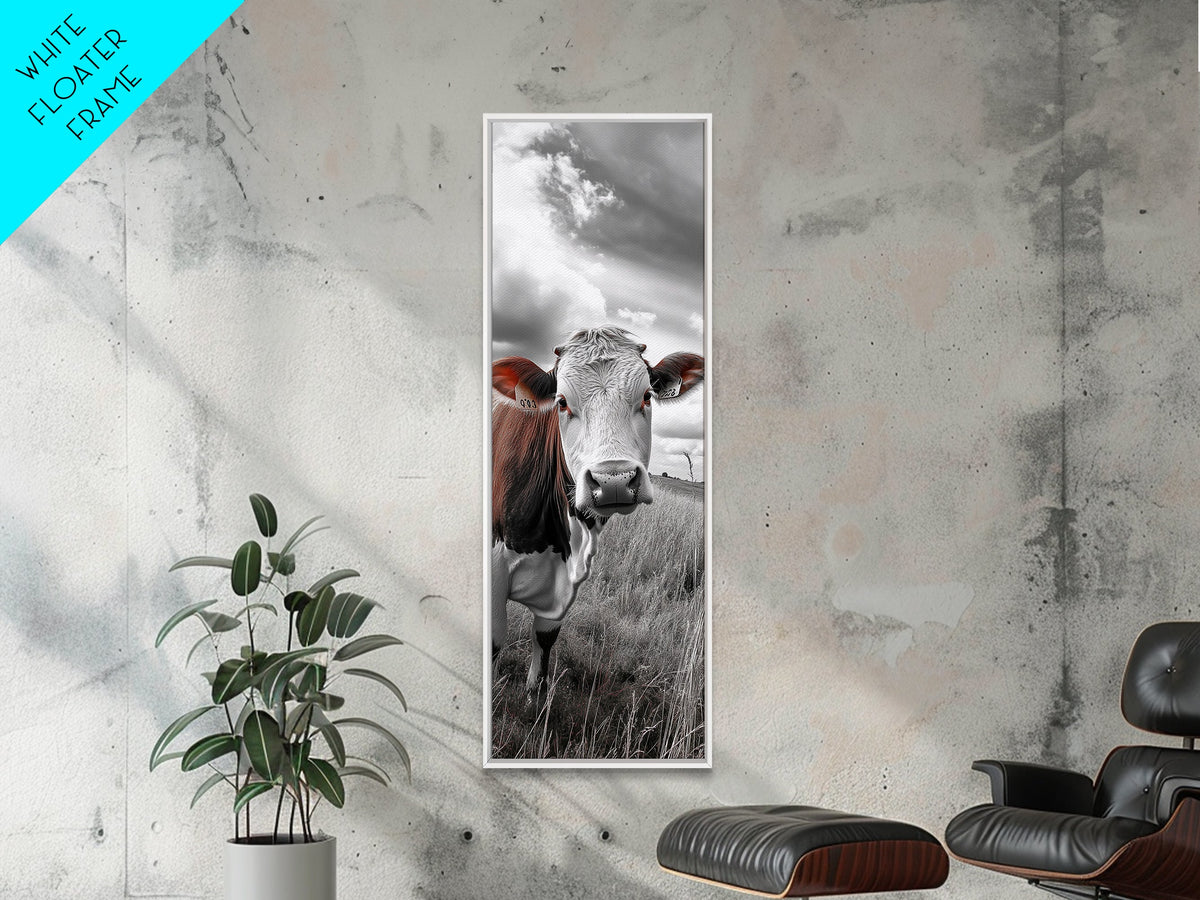 Curious Cow Portrait, Rustic Farmhouse Decor, Country Field Vibe, Framed Canvas Print, Western Wall Art, Kitchen or Dining Room Accent