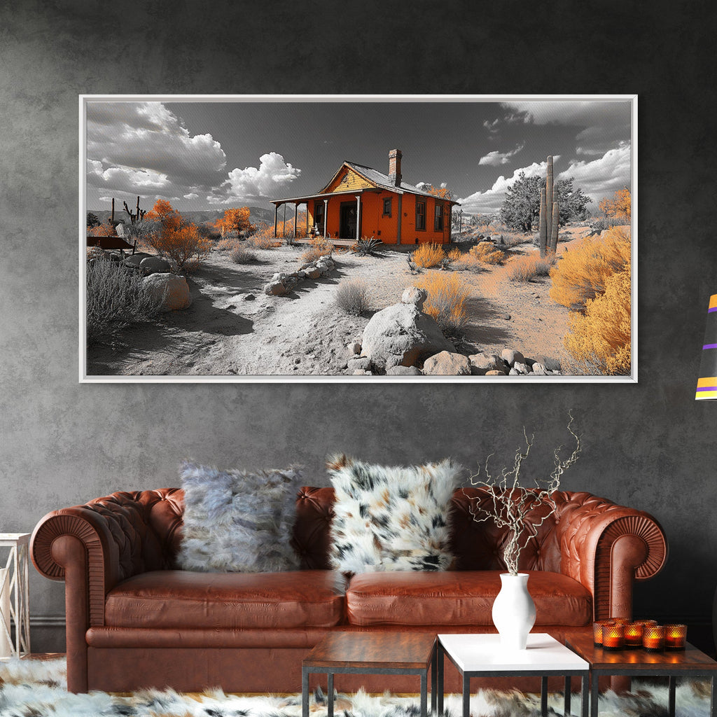 Desert Cabin, Rustic Southwest, Boho Landscape, Autumn Decor, Framed Canvas Print, Living Room Wall Art, Warm Earth Tones, Western Vibes
