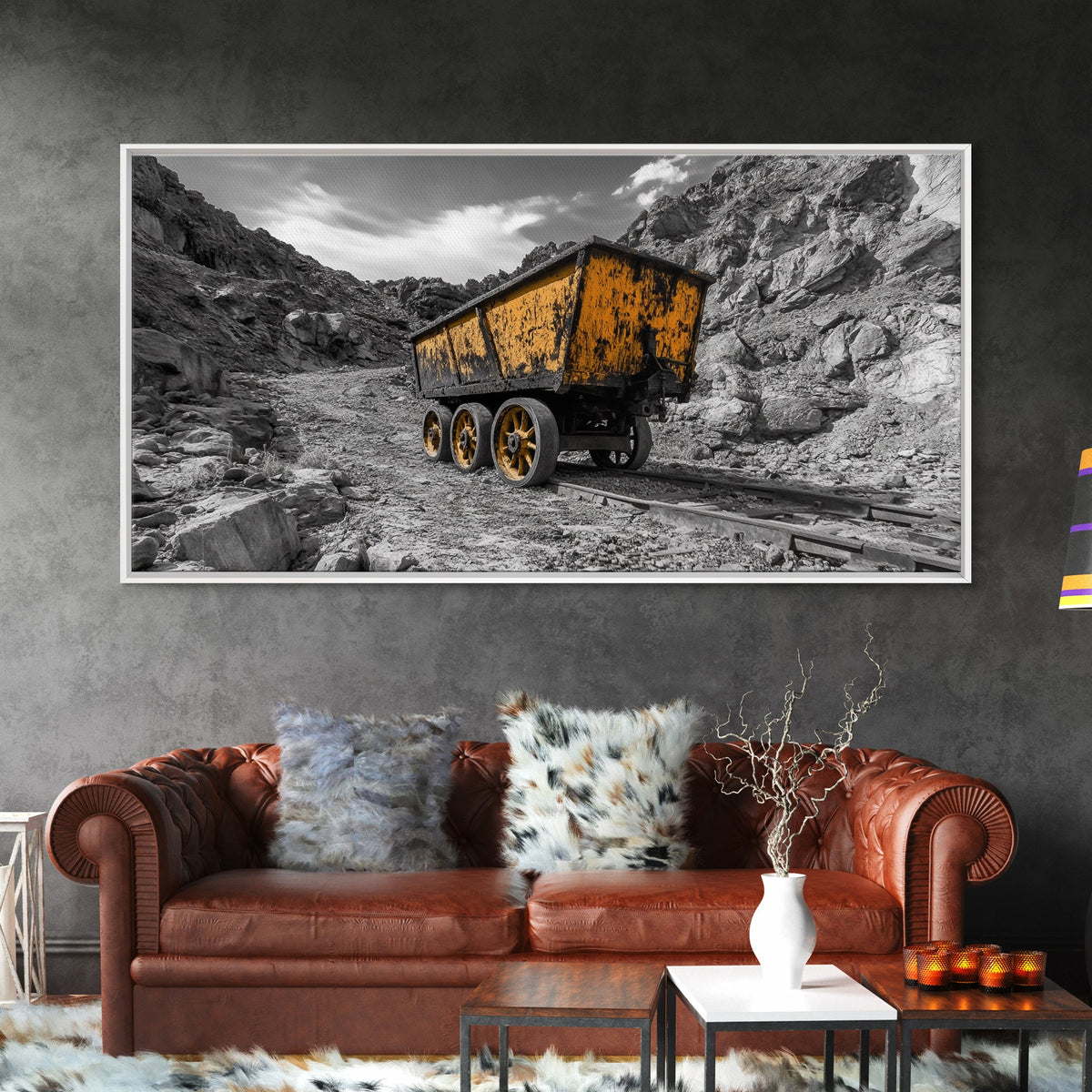 Vintage Mining Cart, Industrial Rustic Decor, Western Adventure Wall Art, Grunge Style Canvas Print, Man Cave or Garage Wall Art