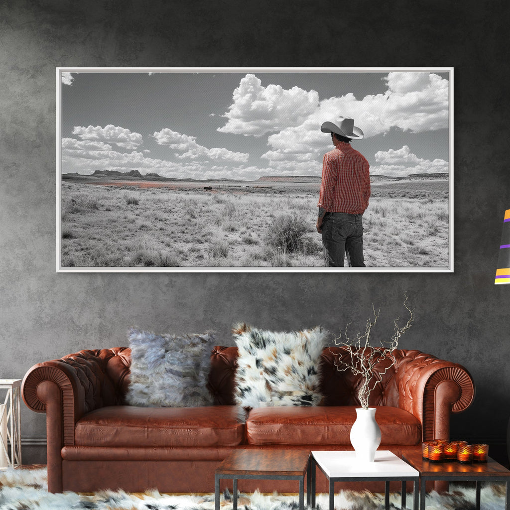 Cowboy Stare, Western Horizon, Desert Dream, American Spirit, Framed Canvas Print, Rustic Bedroom Art, Country Wall Decor, Western Style