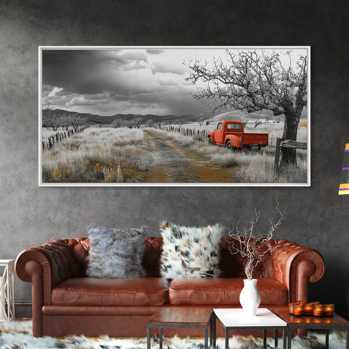 Red Truck, Country Road, Stormy Sky, Orchard Path, Framed Canvas Print, Farmhouse Autumn Wall Art, Rural Decor, Rustic Vintage Vibes