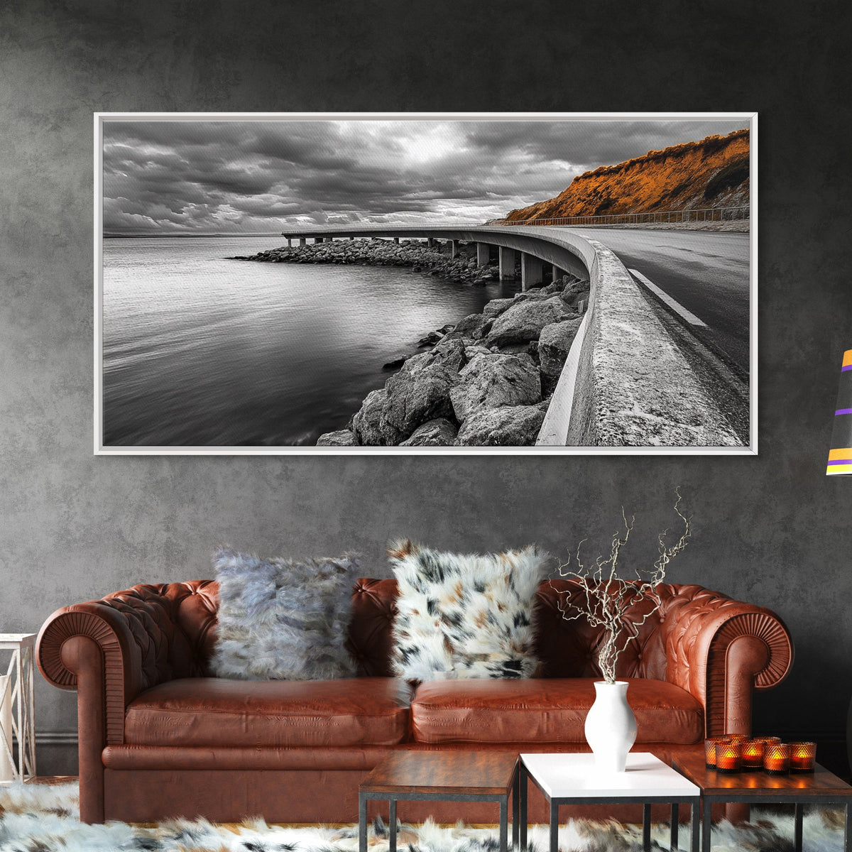 Cliffside Road, Autumn Drive, Ocean View, Stormy Sky, Canvas Print fall landscape art, modern hallway decor, minimalist travel scene