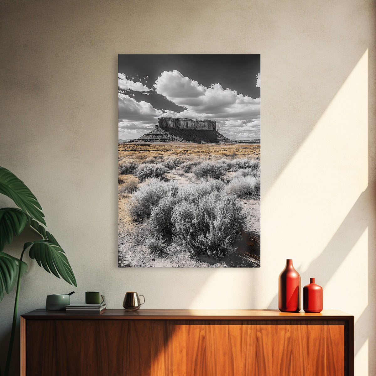 Desert Plateau View, Western Landscape Art, Rustic Nature Decor, Yellow Sagebrush, Framed Canvas Print, Southwestern Living Room Art