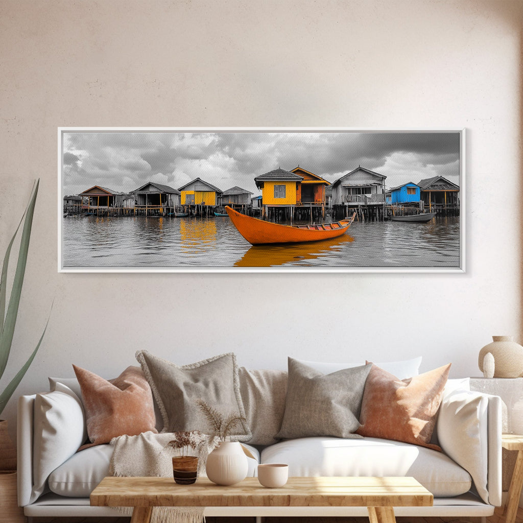 Colorful House Boats, Yellow Stilt Village, Framed Canvas Print, Vibrant Coastal Wall Art, Travel Photography, Living Room Accent Decor