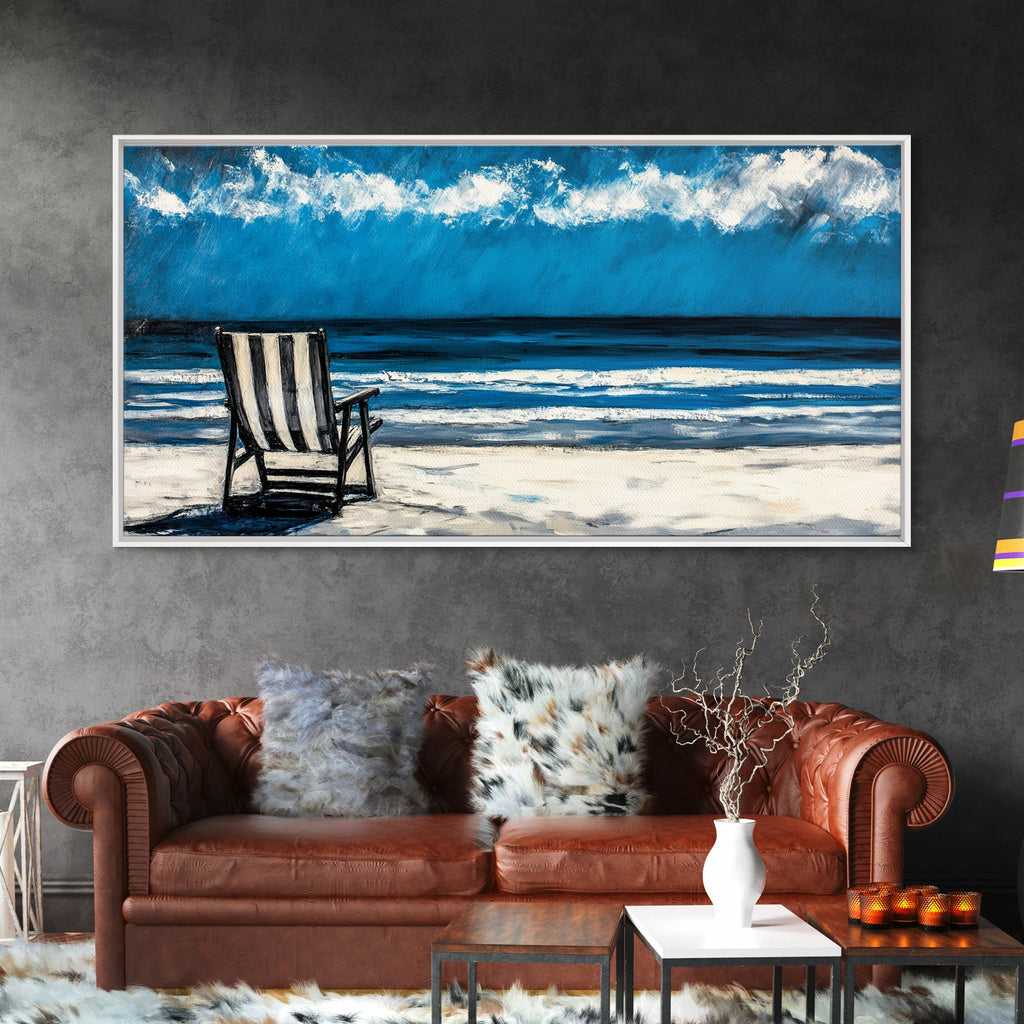 Beach Chair, coastal decor, nautical painting, seascape painting, ocean view, lake Tahoe art, blue and green wall art, Framed Canvas Print, surf