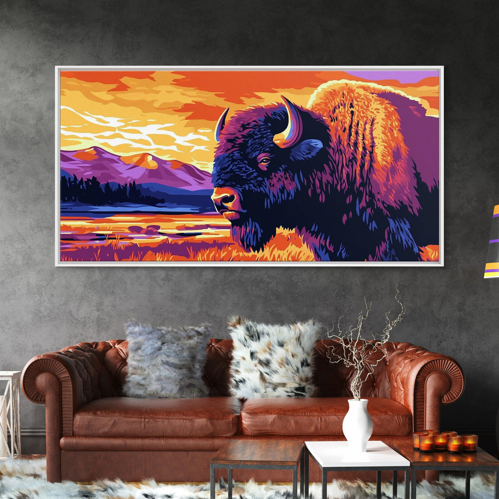 Bison, mountain scenery, rustic wildlife decor, western art, nature lover gift idea, farmhouse wall art, framed canvas print