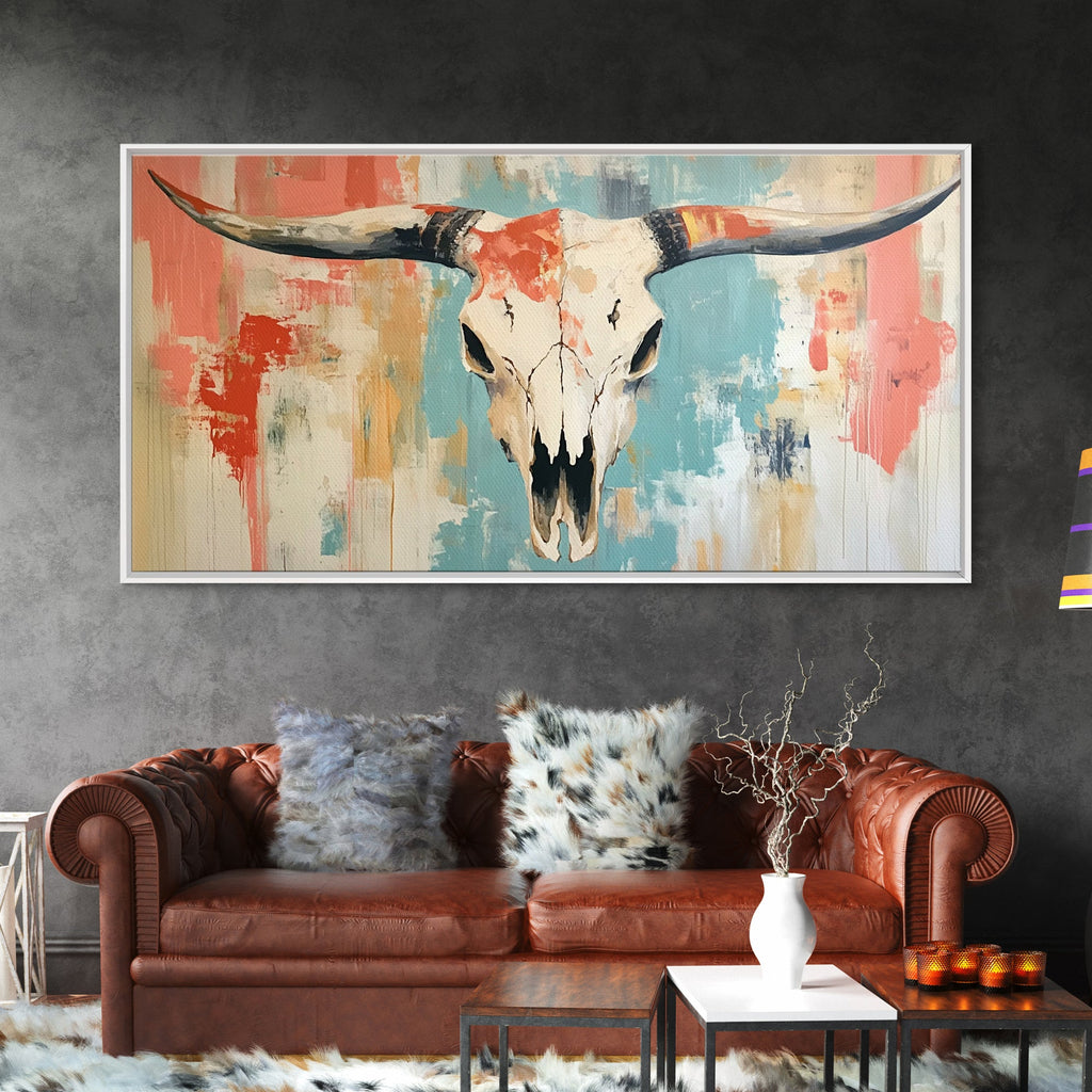 Longhorn Skull Art, southwest wall art, boho art, rustic decor, skull art, extra wide art, wabi sabi art, framed canvas print, farmhouse art