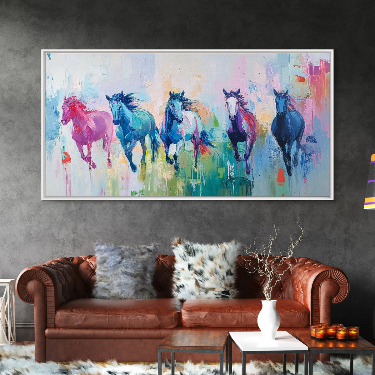 Running Horses, Western Horse Art, Colorful Horse Wall Art, Vintage Horse Art, Farmhouse Decor, Extra Wide Art, Canvas Print