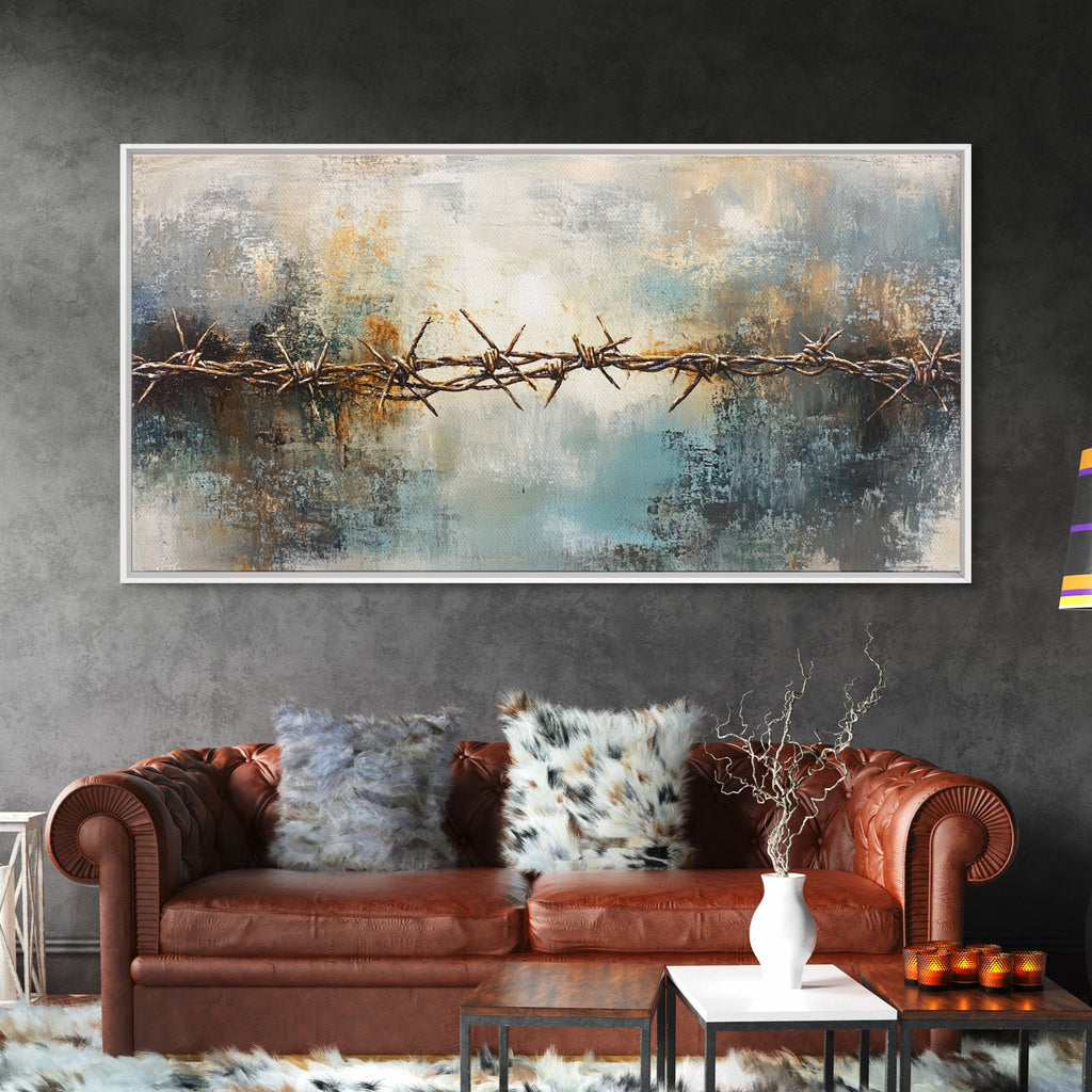 Barbed Wire Art, Canvas Print, Rustic Wall Art, Southwest Wall Art, Moody Art, Extra Wide Art, Above Couch Art, Farmhouse Wall Art