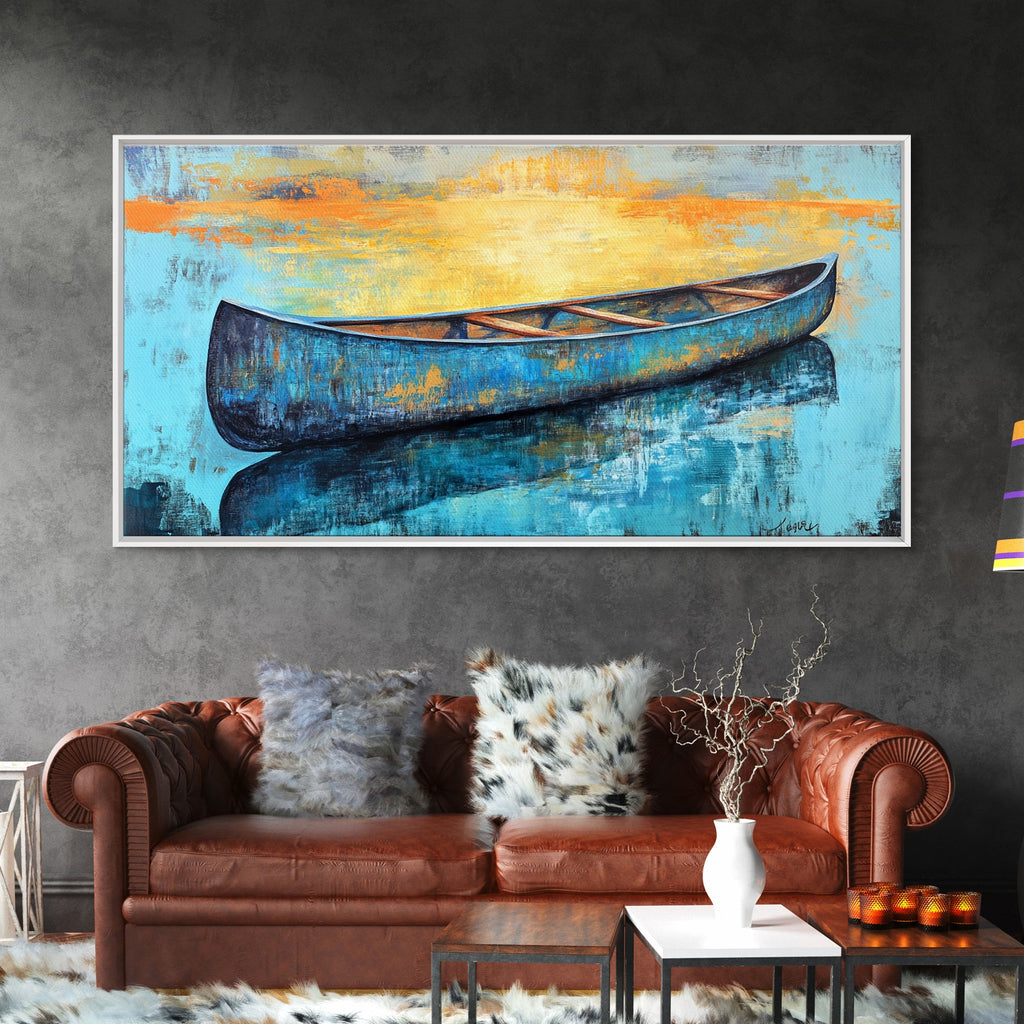 Canoe, Lake Art, Fly Fishing Art, Rustic Wall Art, Coastal Painting, Above Couch Art, Horizontal Wall Art, Framed Canvas Print, Nautical Decor
