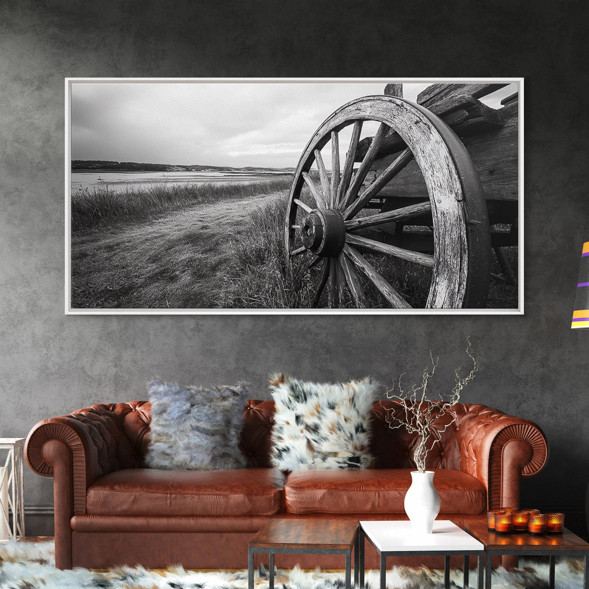 Wagon Wheel, Rustic Wall Art, Farmhouse Art, Vintage Decor, Western Landscape, Barn Art, Framed Canvas Print, Country Aesthetic