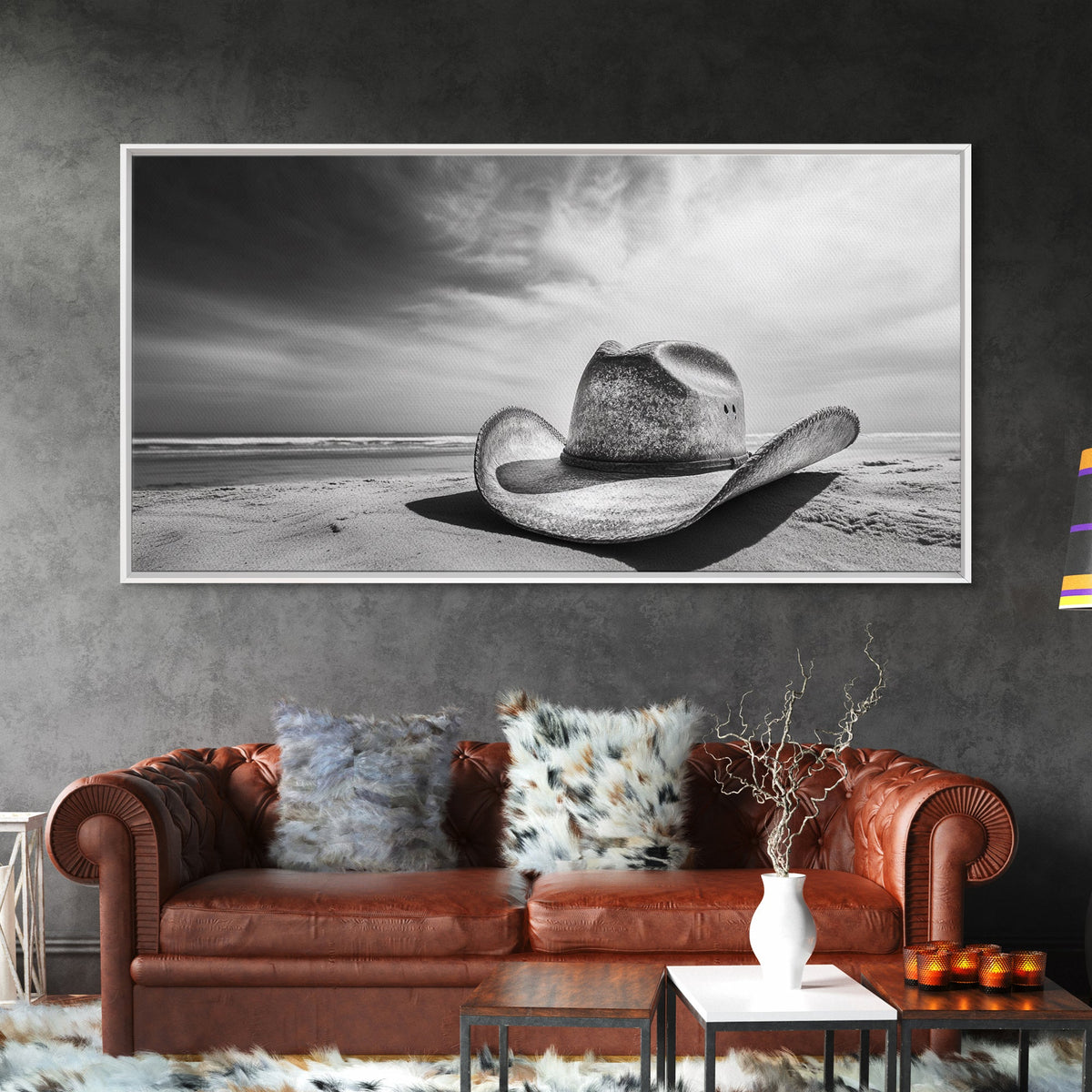 Cowboy Hat, Rustic Art, Western Wall Art, Moody Art, Coastal Decor, Vintage Aesthetic, Framed Canvas Print, Dramatic Sky