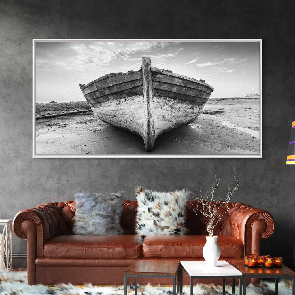 Beached Boat, Nautical Wall Art, Rustic Decor, Coastal Landscape Art, Extra Wide Art, Panoramic Painting, Canvas Print