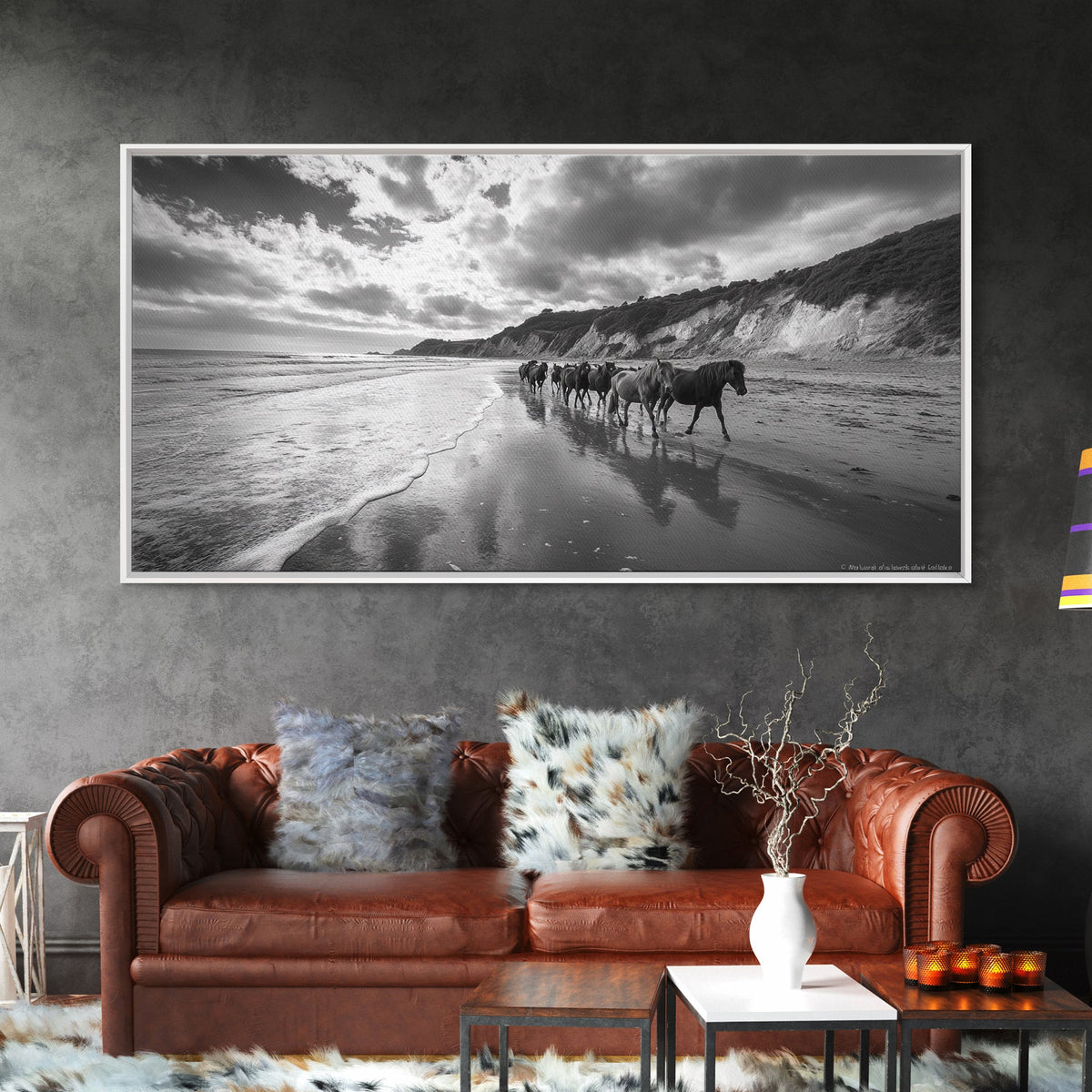 Wild Horses, vintage horse art, rustic decor, equestrian painting, black and white photography, ocean painting, coastal wall art, Framed Canvas Print