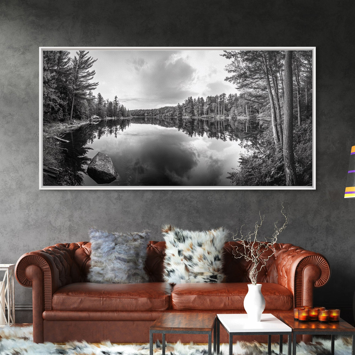 Lake reflection, pine tree art, landscape painting, wabi sabi art, rustic decor, panoramic painting, extra wide art, framed canvas print