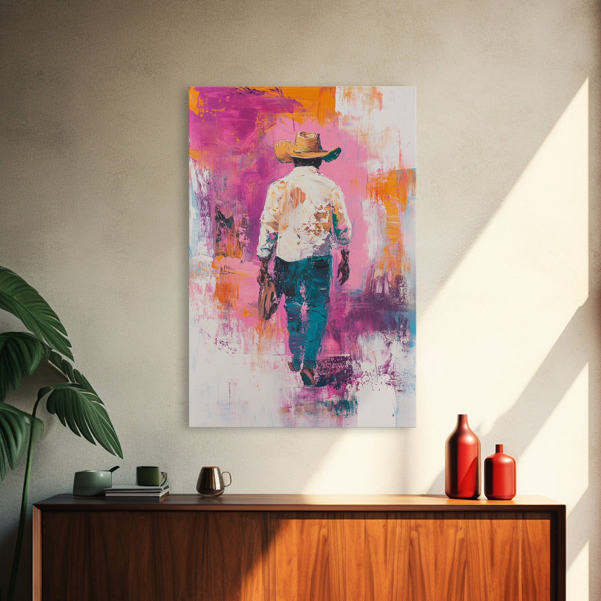 Cowboy Walking, chicano art, western aesthetic, rustic wall art, farmhouse art, moody art, bold colors, Framed Canvas Print