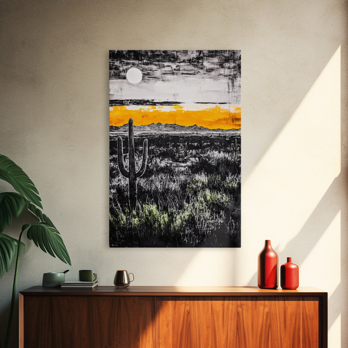 Cactus Sunset, black and white, moody desert art, yellow skyline, Joshua tree art, framed canvas print, extra wide art, rustic decor