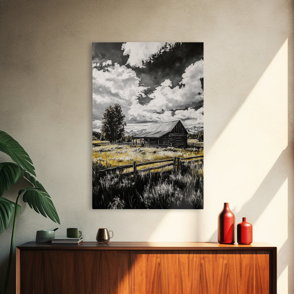 Rustic Barn, Farmhouse Art, Canvas Print, rustic wall art, barn landscape oil painting, smoky mountain art, wabi sabi wall art, vintage Christmas