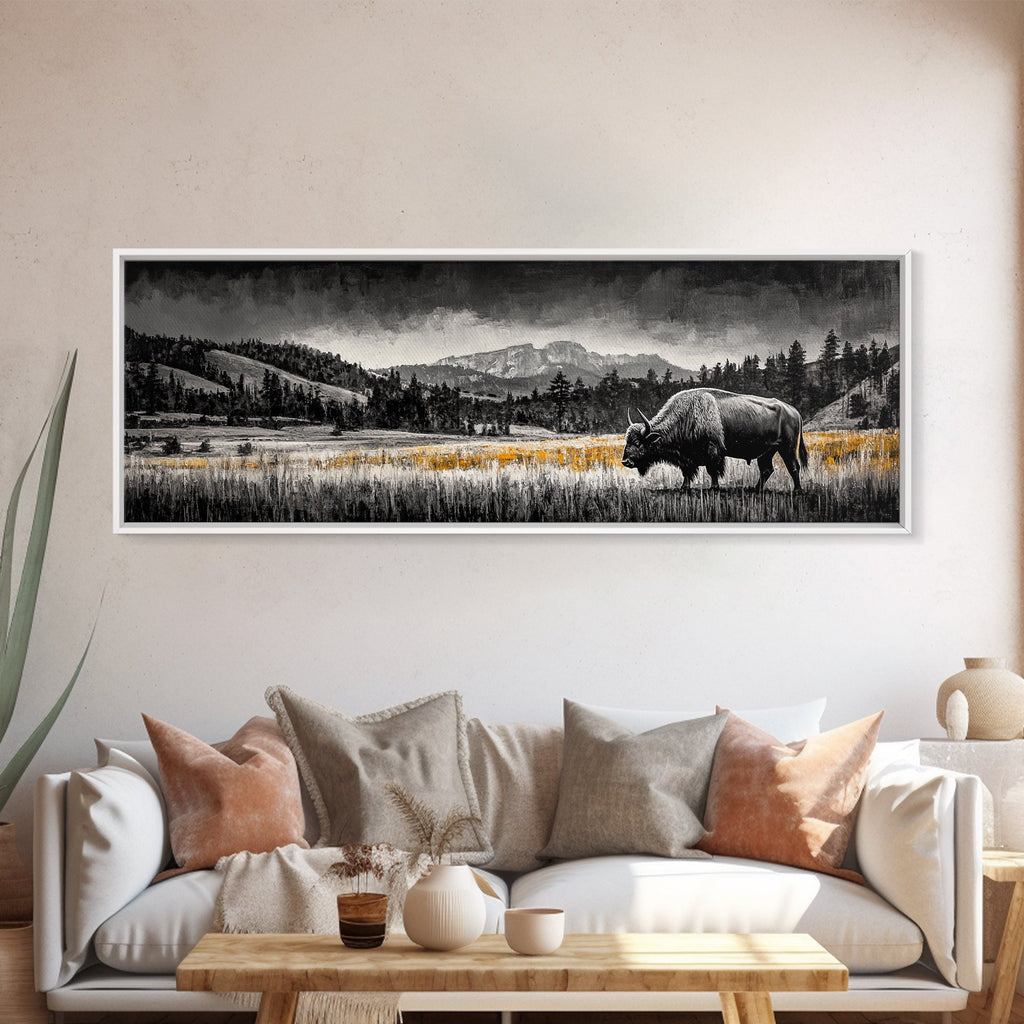 Bison art, mountain painting, black and white western art, farmhouse art, smoky mountain art, extra wide art, framed canvas print