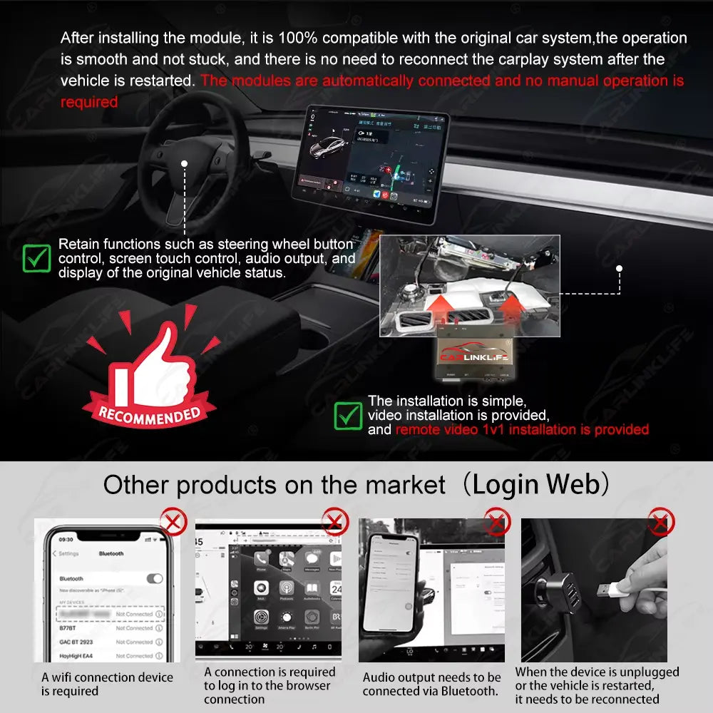 Wireless Apple Carplay Android Auto For Tesla Model Y / Model 3 2019-2024 CarPlay Retrofit Module