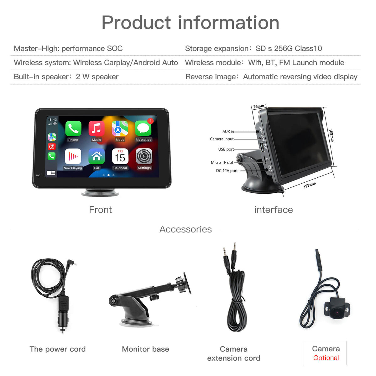 Carlinklife 7 Inch Wireless CarPlay Android Auto Touch Screen Car Radio Portable CarPlay Screen Multimedia Player