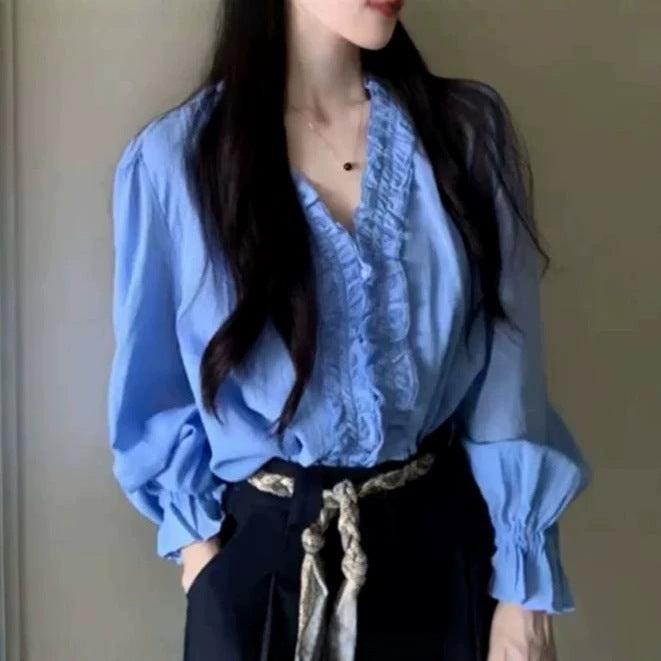 Blue Ruffled-edge Long-sleeve Blouse For Women